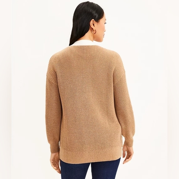 Loft #592073 Tipped Boyfriend Sweater Cardigan NWT Tan/Brown and Cream, size XS - Picture 3 of 11